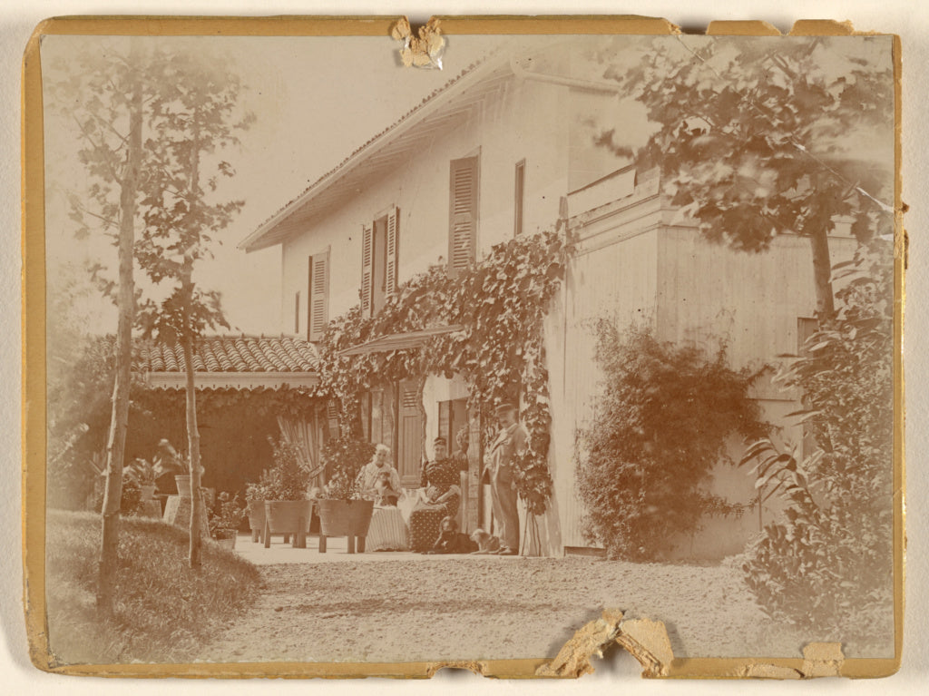 Unknown:[Group of people with two dogs at front of house, so, Poster Print Wall Art