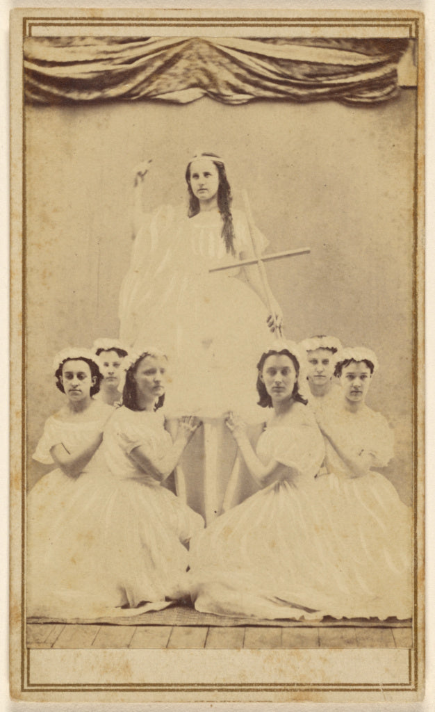 Unknown:[Female group portrait, six in white gowns kneeling,, Poster Print Wall Art