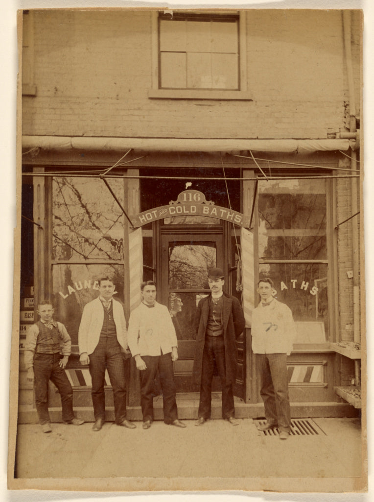 Unknown maker, American:[Four men and a boy standing in fron, Poster Print Wall Art