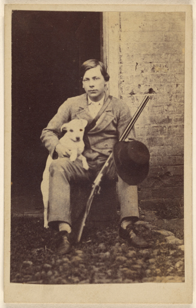 Unknown:[Man seated with a white dog, a rifle and hat leanin, Poster Print Wall Art