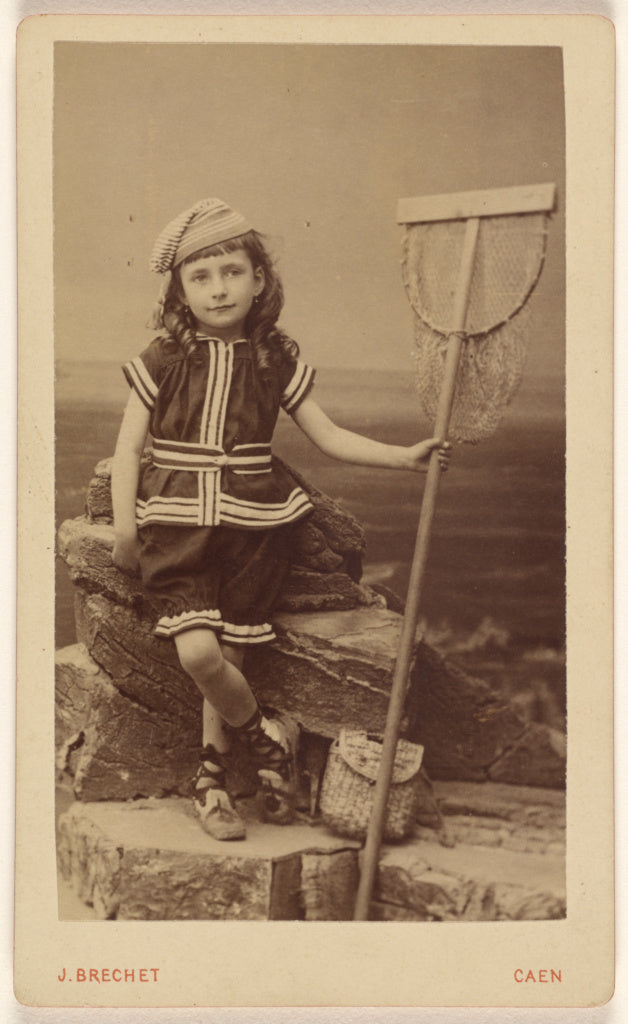 Jules Brechet:[Unidentified little girl seated on rock, hold, Poster Print Wall Art
