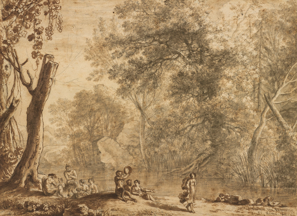 Herman van Swanevelt:Woodland Landscape with Nymphs and Saty, Poster Print Wall Art