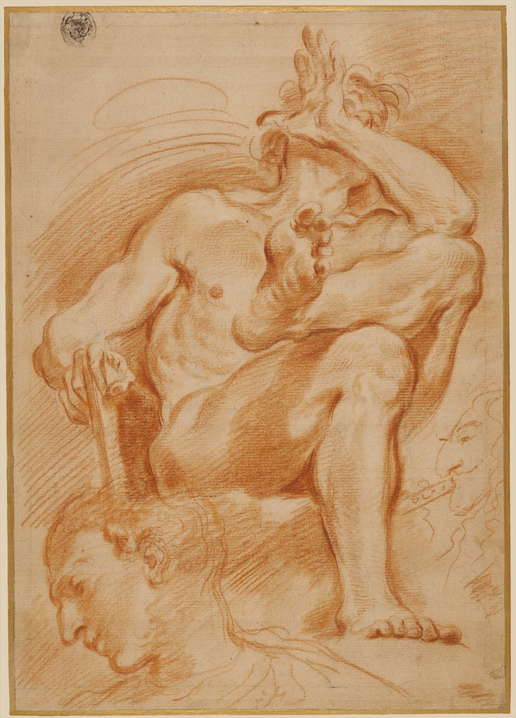 Domenico Maria Canuti:Sheet of Studies: A Seated Nude Man, A, Poster Print Wall Art