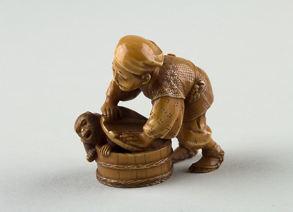 Netsuke of Man Forcing Monkey into a Basket 19th cent, Poster Print