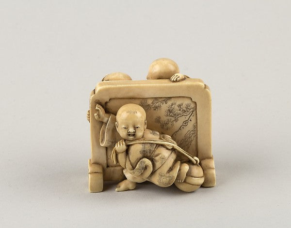 Netsuke of Three Boys Playing around a Screen 18th cent, Poster Print