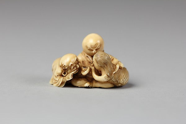 Netsuke of Daruma Admonishing a Mermaid Serving Sake to an Oct, Poster Print
