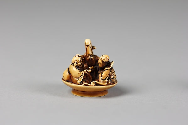Netsuke of Fukurokujin Hotei and Benten in Sake Dish mid-19th, Poster Print