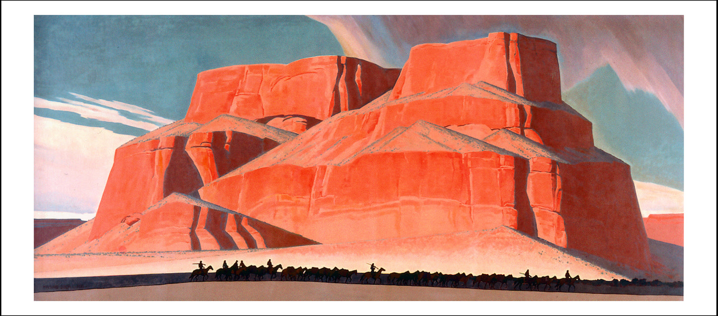 Red butte with mountain men by Maynard Dixon, Classic American Western Art, 16x12" (A3) Poster Print