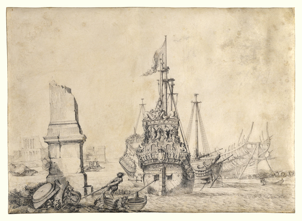Pierre Puget:A ship in a port near a ruined obelisk, Poster Print Wall Art