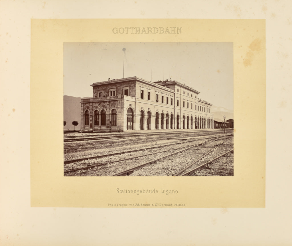 Adolphe Braun & Cie:Gotthardbahn: Stationsgebäude Lugano, Poster Print Wall Art