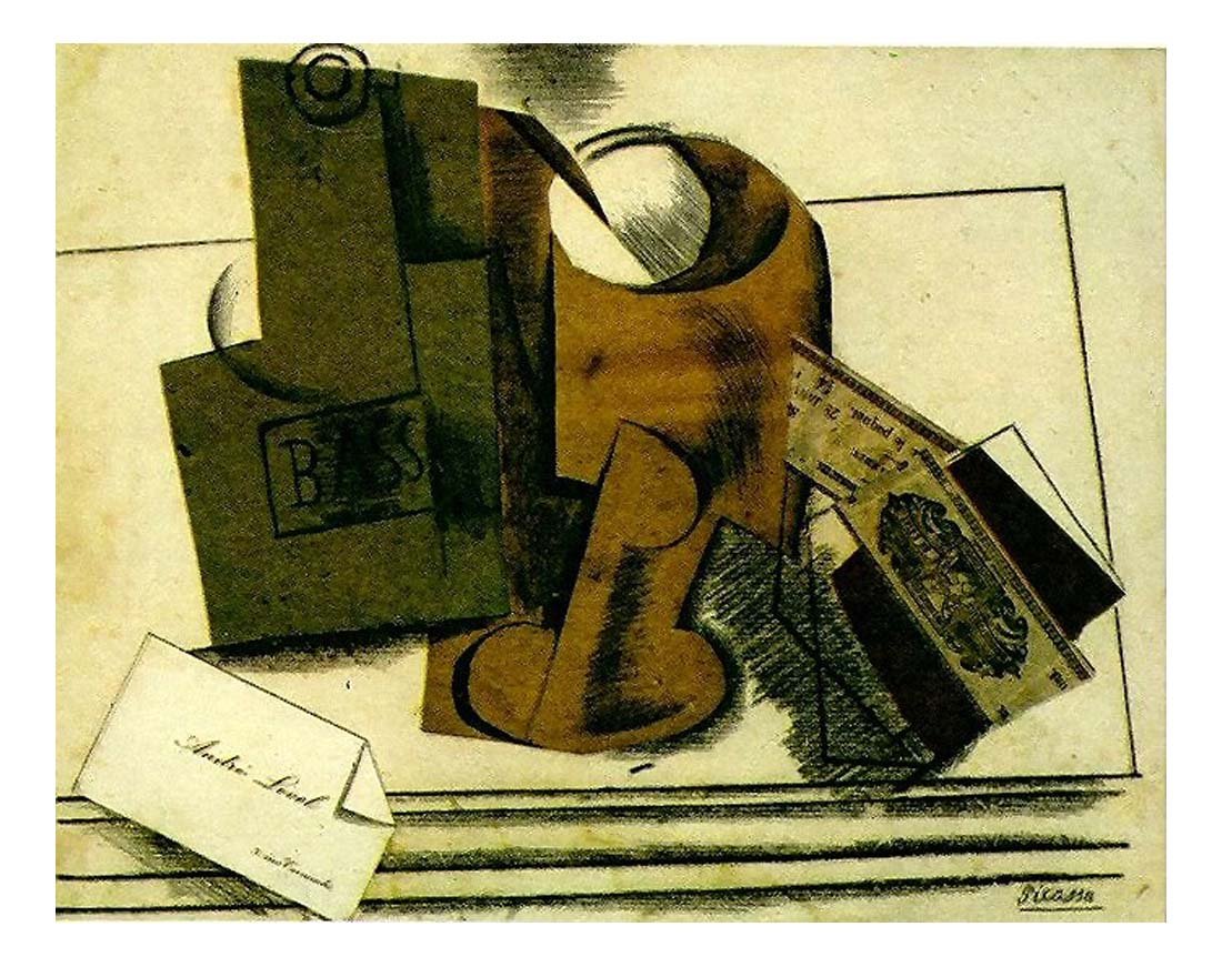 1913 Bouteille de Bass, verre, paquet de tabac, carte de visite by Pablo Picasso, vintage artwork, 16x12"(A3) Poster
