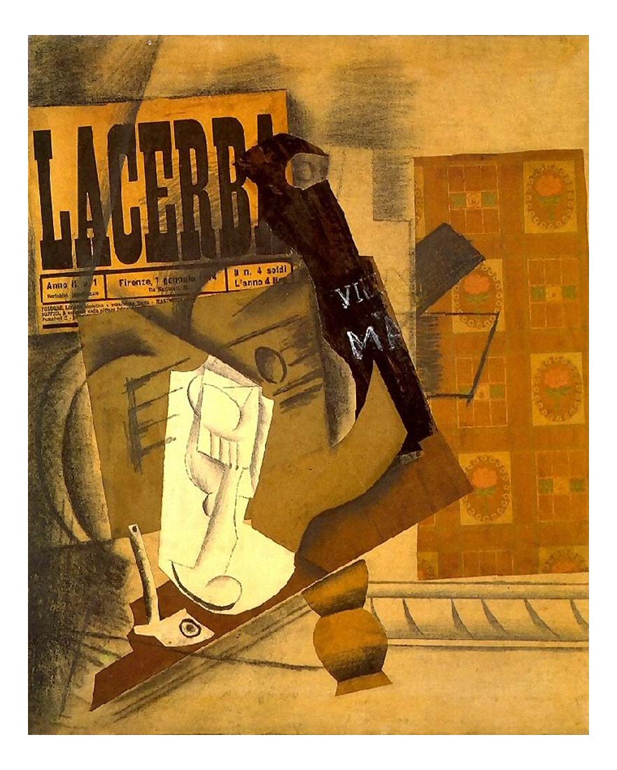 1914 Pipe, verre, journal, guitare, bouteille de vieux marc ('Lacerba') by Pablo Picasso, vintage artwork, 16x12"(A3) Poster