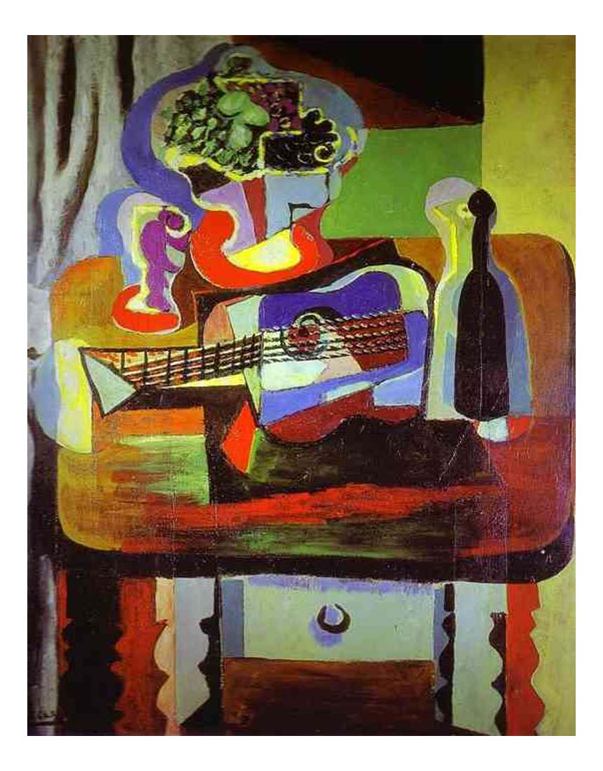 1919 guitare, Bouteille, coupe avec fruits et verre sur la table by Pablo Picasso, vintage artwork, 16x12"(A3) Poster
