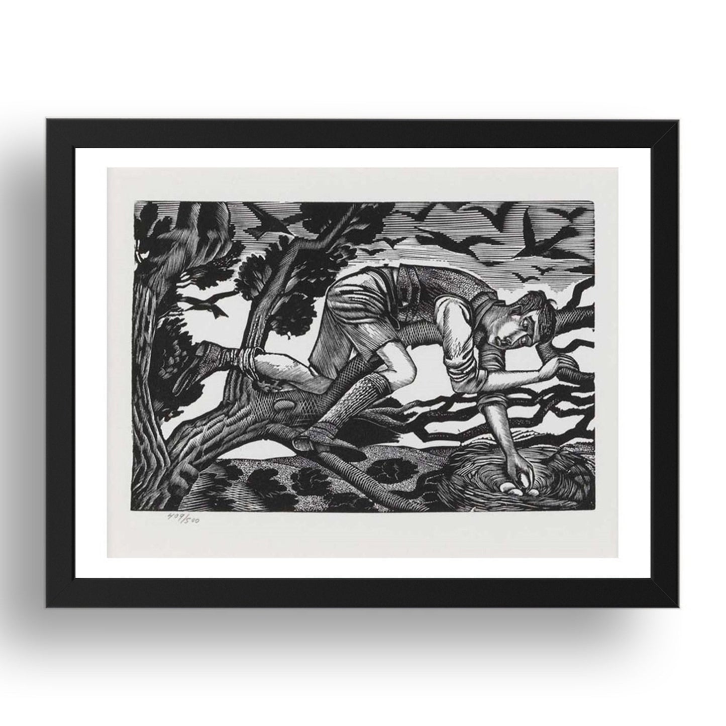 1927c Boy Bird nesting wood engraving by Eric Ravilious, 17x13" Frame