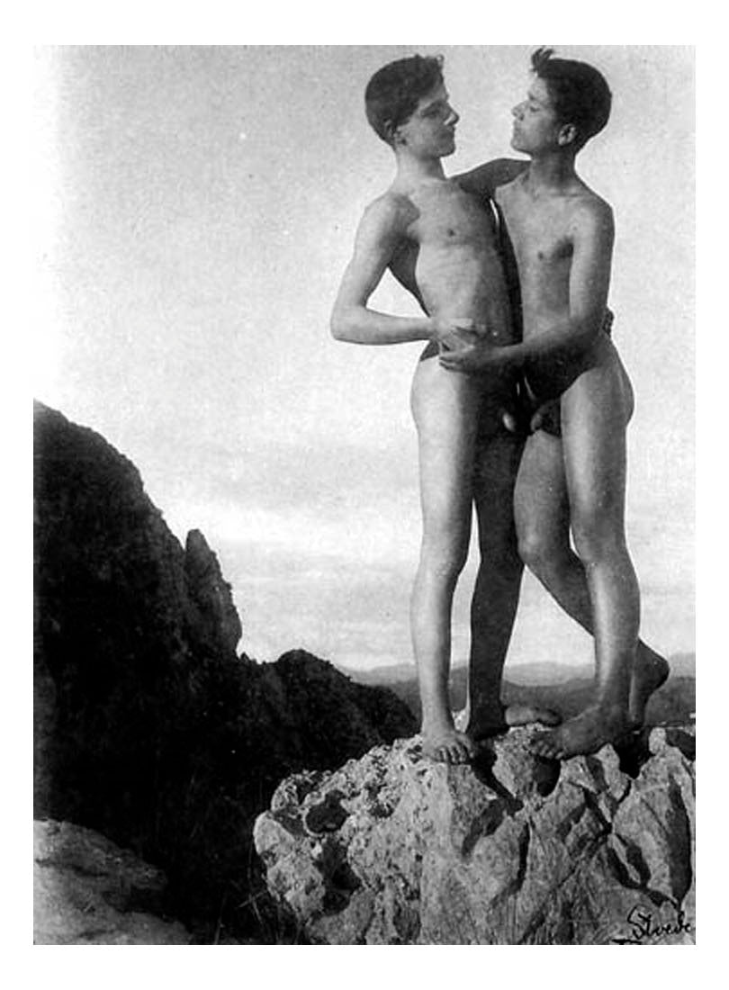 2 embracing male nudes on rock, historic photo by Wilhelm von Gloeden, 16x12"(A3) Poster