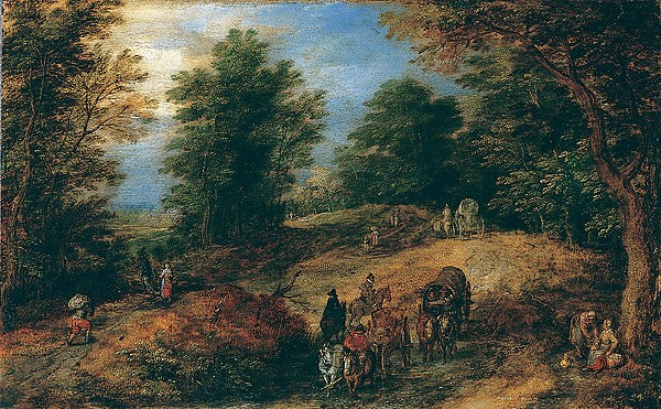 Jan Brueghel the Elder:Landscape with Travelers on a Woodlan-16x12"(A3) Poster