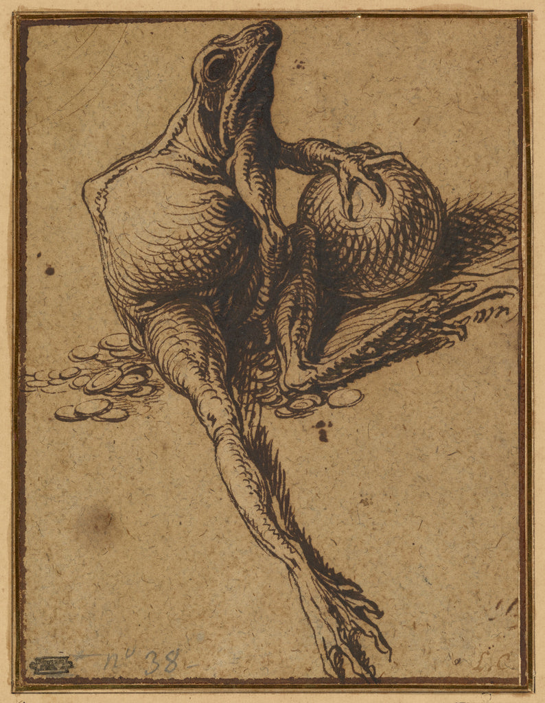 Jacques de Gheyn II:A Frog Sitting on Coins and Holding a Sp, Poster Print Wall Art
