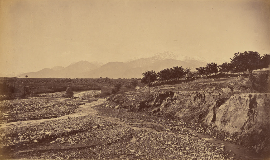 John Burke:Safed Sang, River and old Bridge, Sikka Ram Peak , Poster Print Wall Art