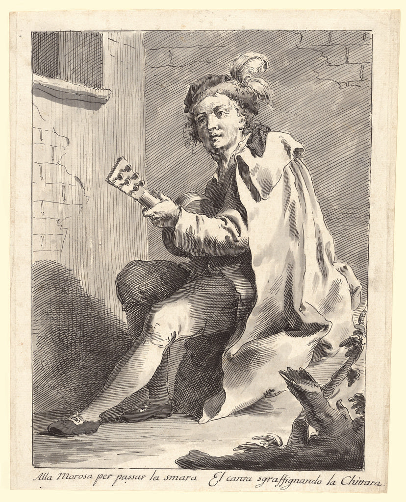 Pietro Antonio Novelli:A Seated Man Playing a Guitar, Poster Print Wall Art
