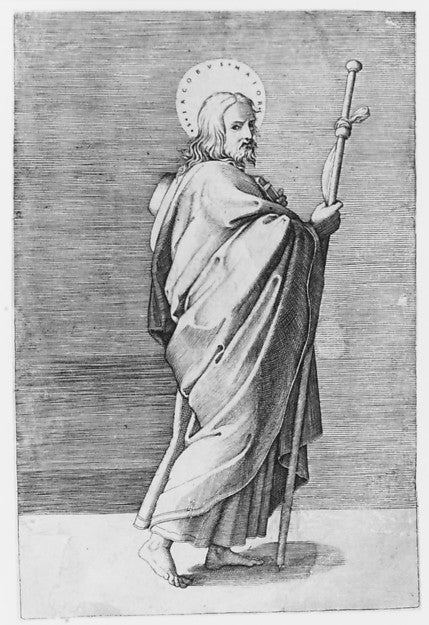 Saint James the Major turned towards right holding staff c150, Poster Print