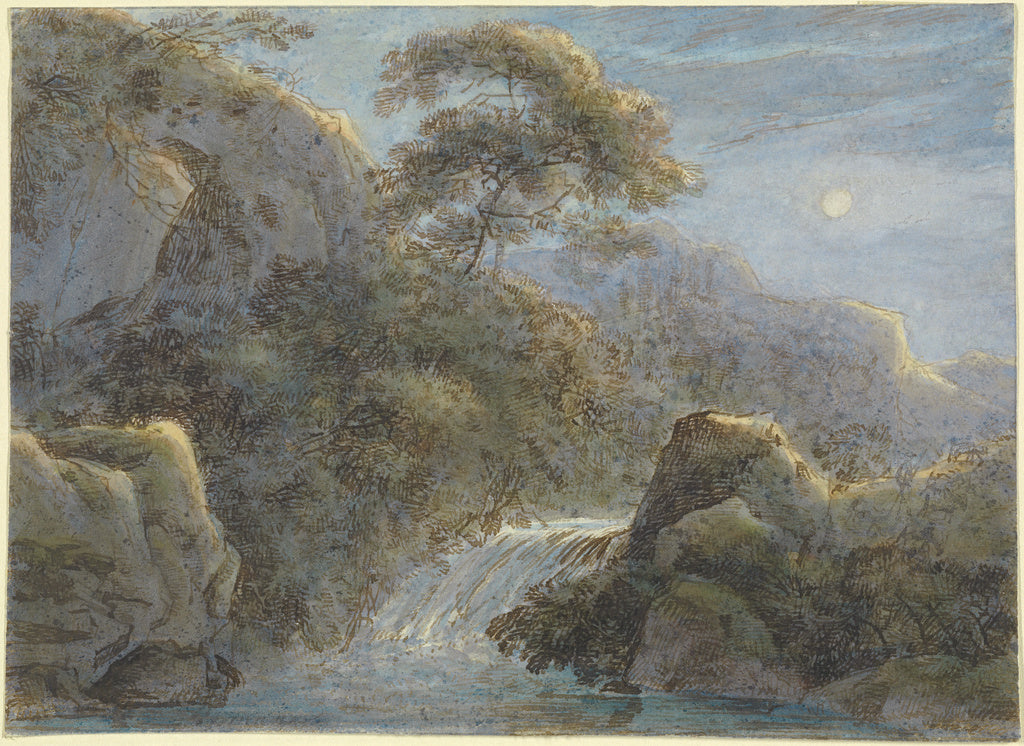 Franz Innocenz Kobell:Waterfall in the Mountains by Moonligh, Poster Print Wall Art