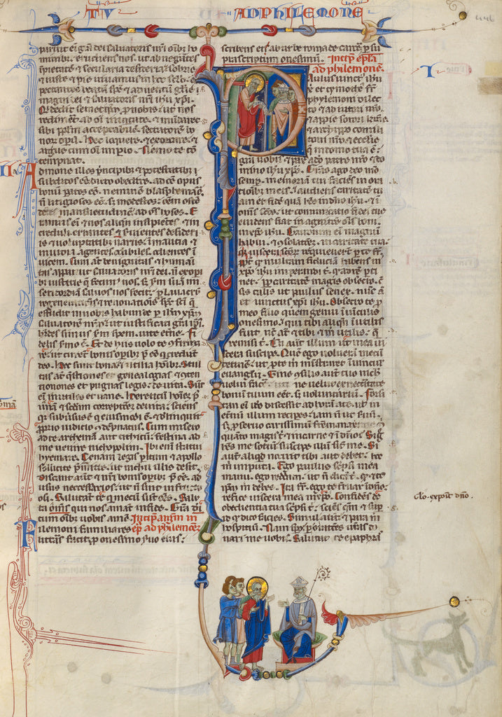 Unknown Artist:Initial P: Saint Paul Giving a Scroll to a Bishop, Poster Print Wall Art