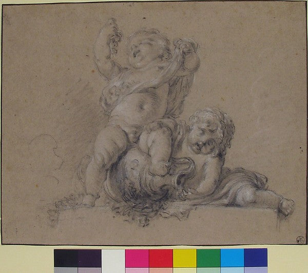 Two Putti One Holding Aloft a Bunch of Grapes-attributed to C, Poster Print Wall Art