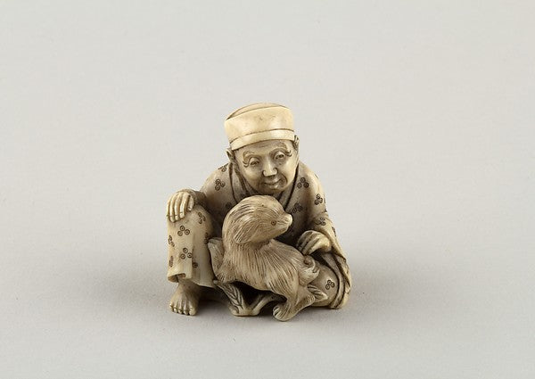 Netsuke of Seated figure of a Man with Dog 19th cent, Poster Print Wall Art