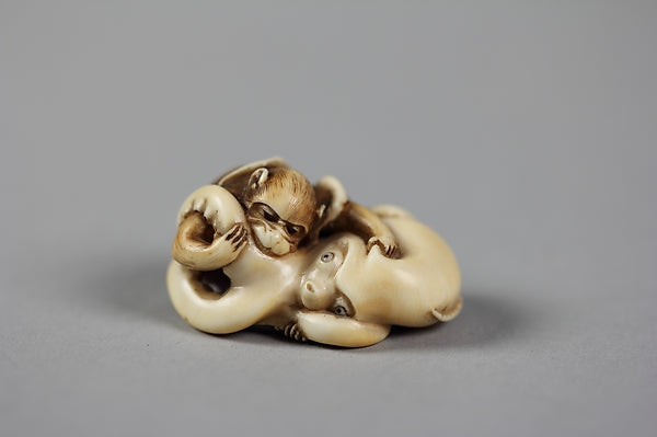 Netsuke of Octopus Fighting a Monkey 19th cent, Poster Print Wall Art