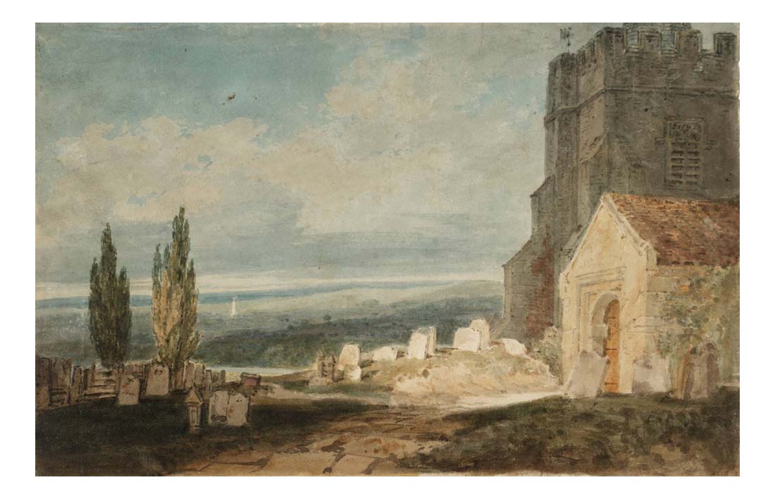 A Church and Churchyard near a River or Lake, with an Extensive Landscape Beyond, 1796-97 by John Mallord William Turner RA