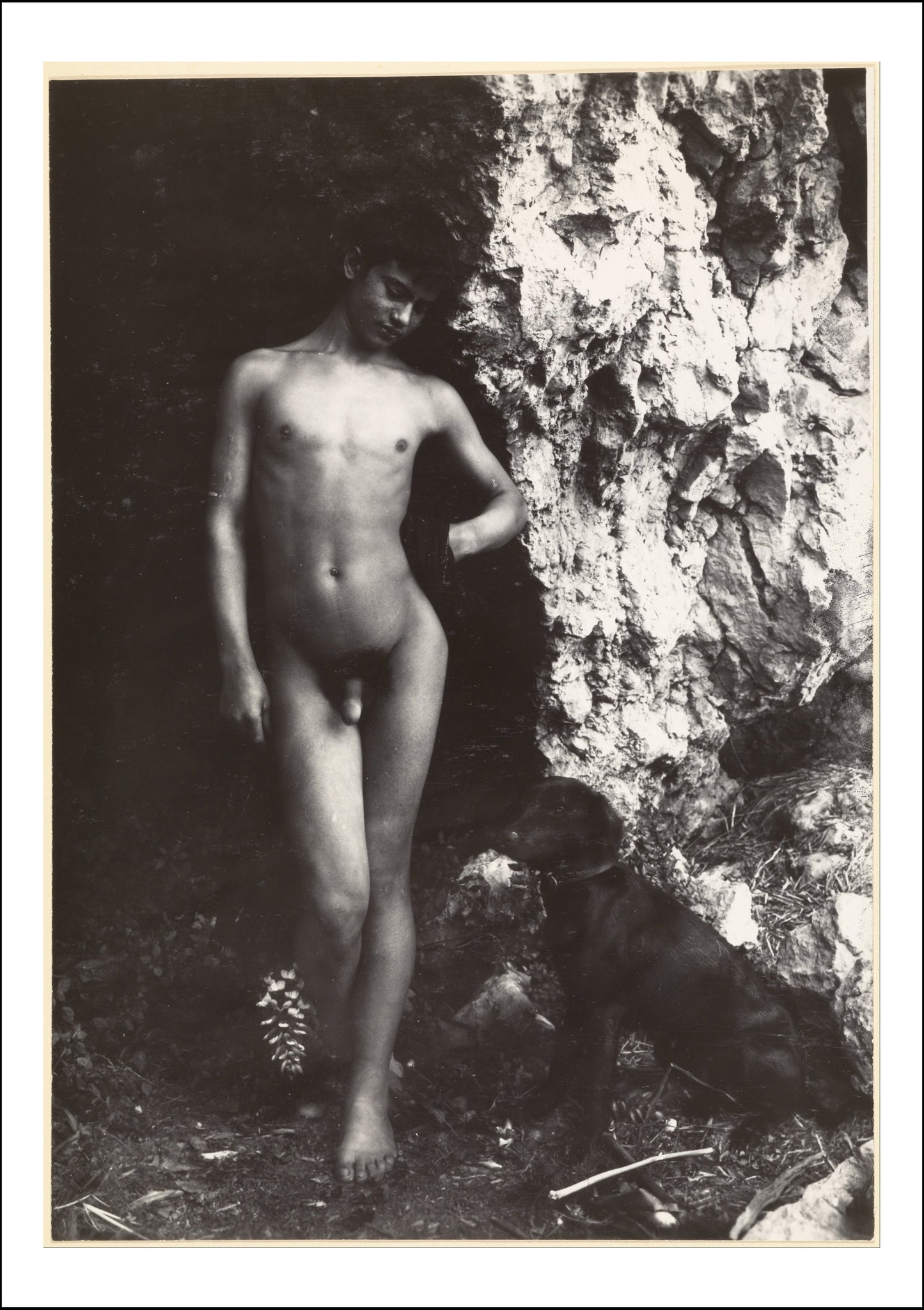 Boy Posed at Large Rock by Wilhelm von Gloeden, histoic photo, 16x12" (A3) Poster Print