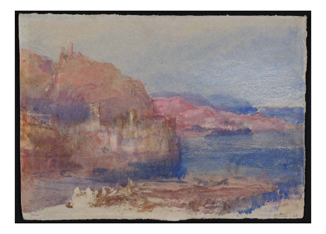 Buildings beside Lake (or River), with Ruined Castle on Rock Above, 1834 by John Mallord William Turner RA