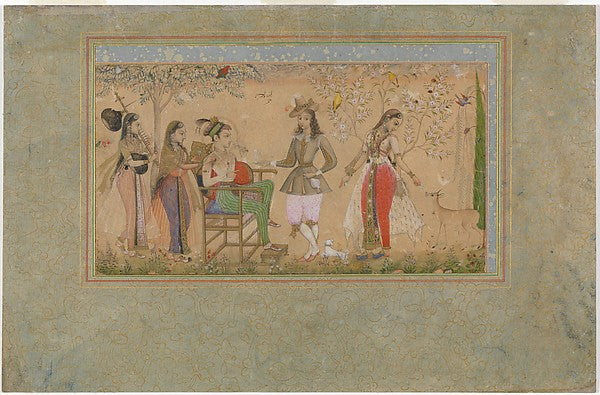Painting by Rahim Deccani:Prince seated in a garden with lad-16x12"(A3) Poster