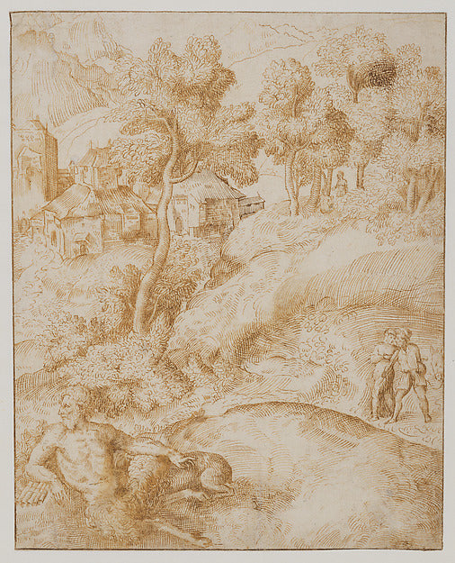 Domenico Campagnola 1500–1564 Padua):Landscape with a Satyr -16x12"(A3) Poster