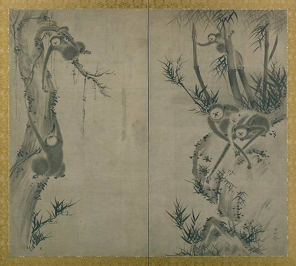 Monkeys on Rocks and Trees 17th cent-Attributed to Sesson Shk,Japan ukiyo-e Period Image, Poster Print Wall Art