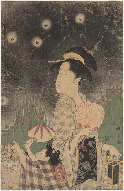 Woman and Child Catching Fireflies c1793-Eishsai Chki,Classic Ming China Image, Poster Print Wall Art