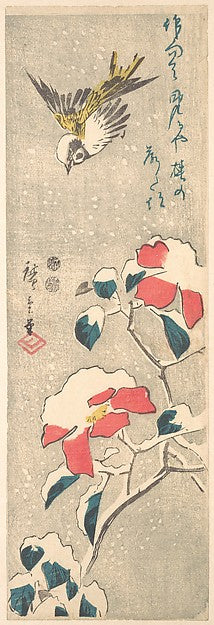 Sparrow and Snow-covered Camellia c1845-Utagawa Hiroshige 17, Poster Print