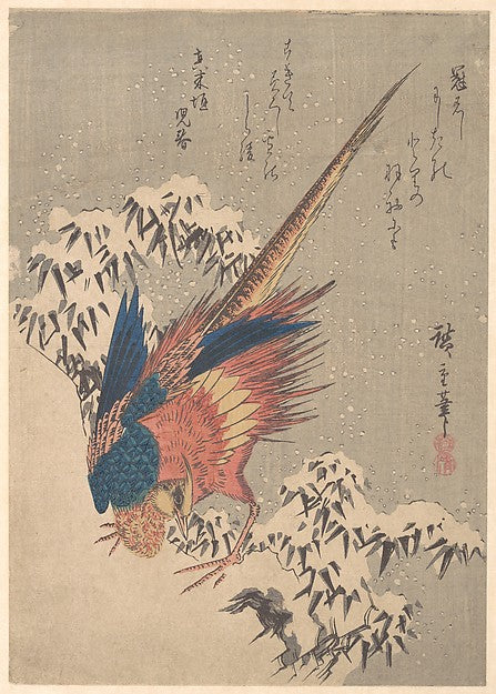 Pheasant Among Snow–laden Bamboo on Hillside c1840-Utagawa Hir, Poster Print