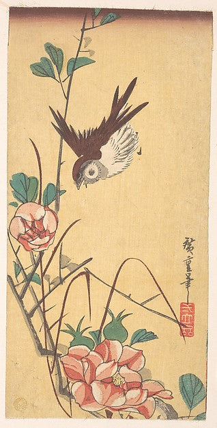 Roses and Sparrow c1833-Utagawa Hiroshige 1797–1858 Tokyo ), Poster Print Wall Art
