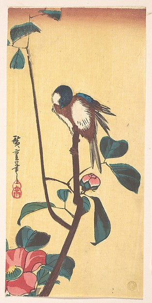 Camellia and Blue-Headed Bird c1833-Utagawa Hiroshige 1797–18, Poster Print Wall Art