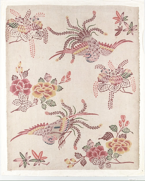 Bingata Panel with H- Birds and Flowers 18th cent,Classic Ming China Image, Poster Print Wall Art
