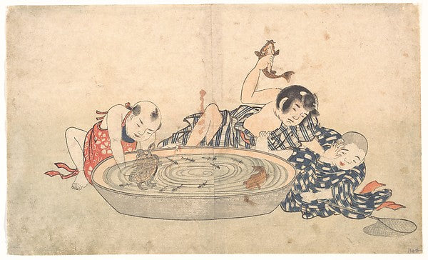 Boys Playing with a Basin of Fish and Turtles early 19th cent,Classic Ming China Image, Poster Print