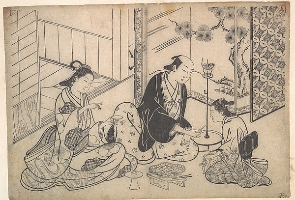Interior Three Figures - Sake Party c1730-Hasegawa Mitsunobu, Poster Print Wall Art