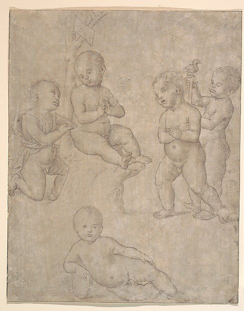 Circle of Raphael:Five Nude Infants in Various Poses c1500-16x12"(A3) Poster
