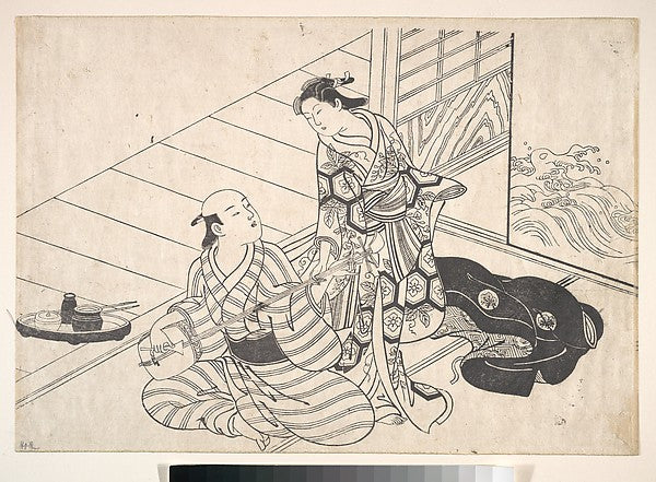 Lady Interrupting Her Lover who is Playing the Shamisen-Nishi, Poster Print
