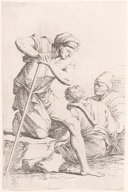 Two men sitting and another man holding a staff kneeling on a, Poster Print Wall Art