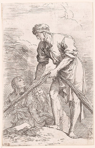 A man pulling a net with two figures behind him from the seri,16x12"(A3) Poster