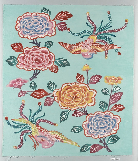 Bingata Panel with Tree Peonies and Peacocks 20th cent-Mrs. Te,Classic Ming China Image, Poster Print Wall Art