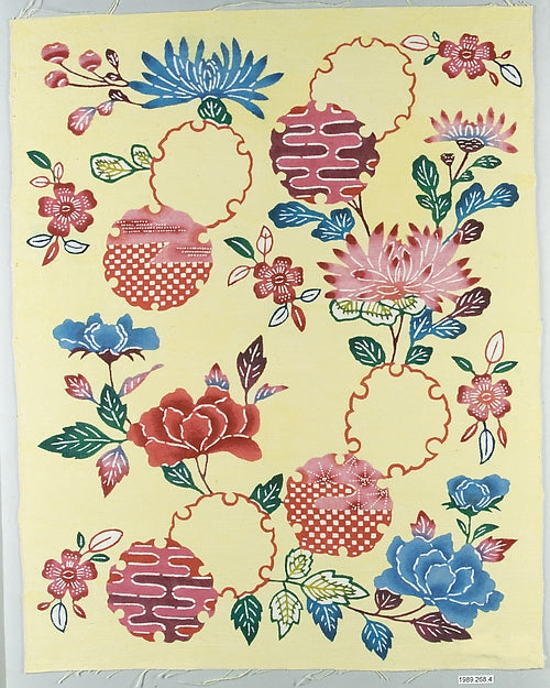 Bingata Panel with Chrysanthemums and Snow Circles 20th cent-M,Classic Ming China Image, Poster Print Wall Art