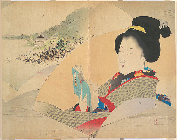 Beauty Looking at Shinobazu Pond illustration from Bugei Kura, Poster Print